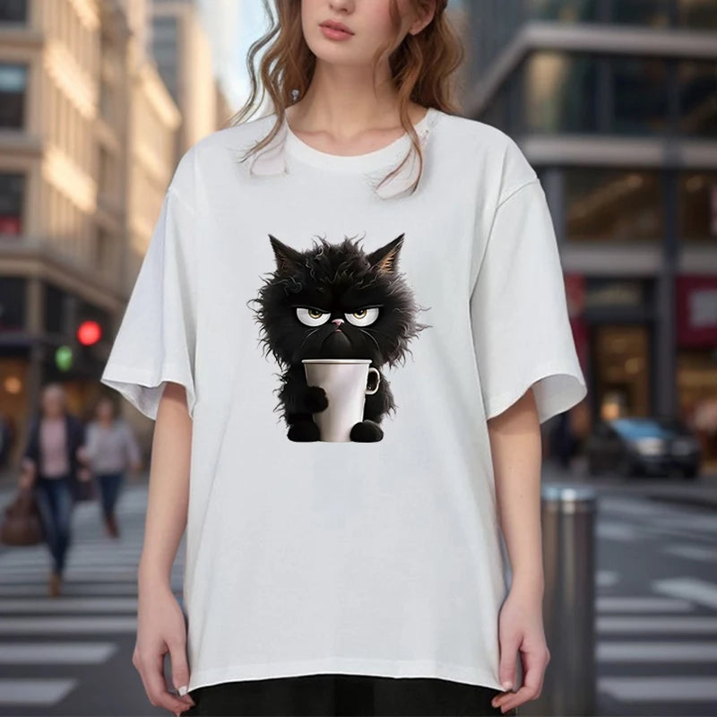 Oversized Funny Cat Women Summer White Print T-Shirt Girl Casual Short Sleeve O Neck Top for Summer Female Animal Clothing