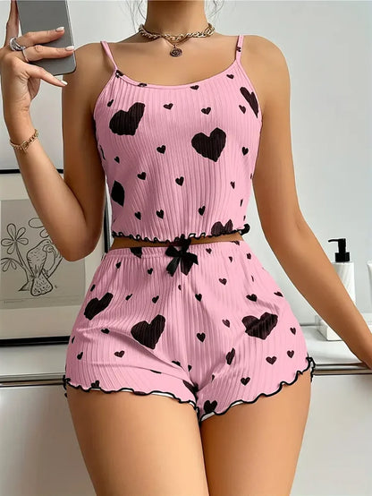 5 Size Choose S M L XL 2XL Women'S Pajamas Set Straps Sleepwear Vest + Shorts Red Heart Print Nightwear Sexy Lingerie