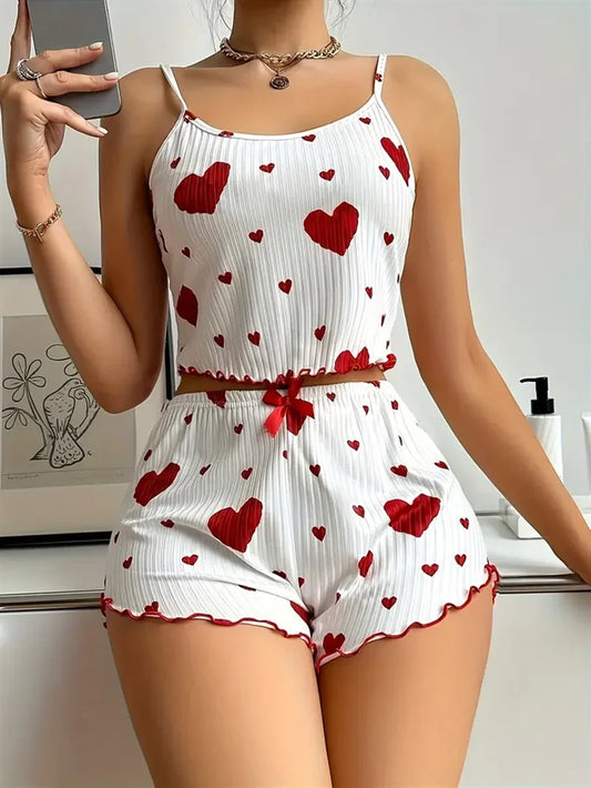 5 Size Choose S M L XL 2XL Women'S Pajamas Set Straps Sleepwear Vest + Shorts Red Heart Print Nightwear Sexy Lingerie